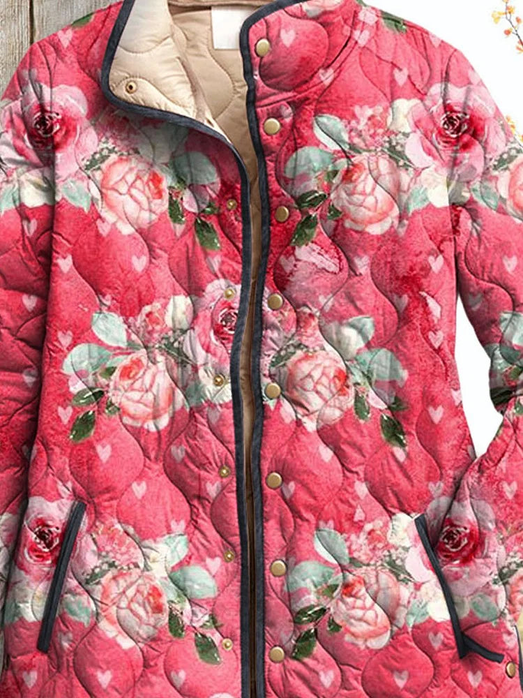 Dames Charmante Roze Bloemen Kunst Gedrukte Casual Gewatteerde Jas