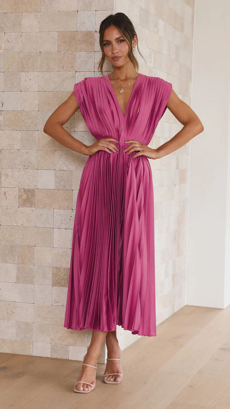 Demia | Elegante Dames Midi-jurk met Plissérok – V-hals