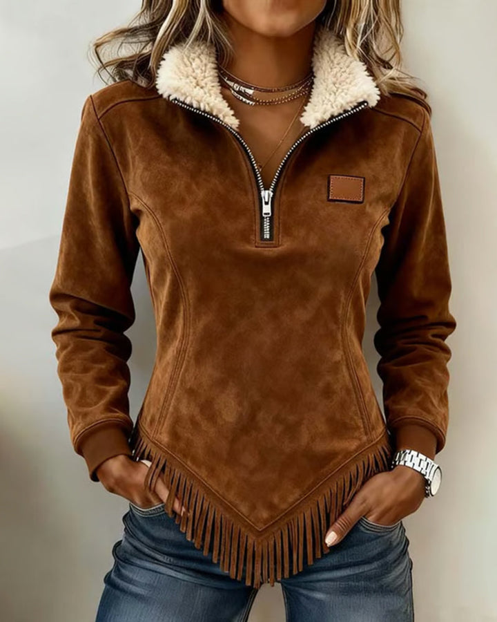 Halb-Zip Kragen Sweatshirt met asymmetrisch ontwerp en franjesaccenten