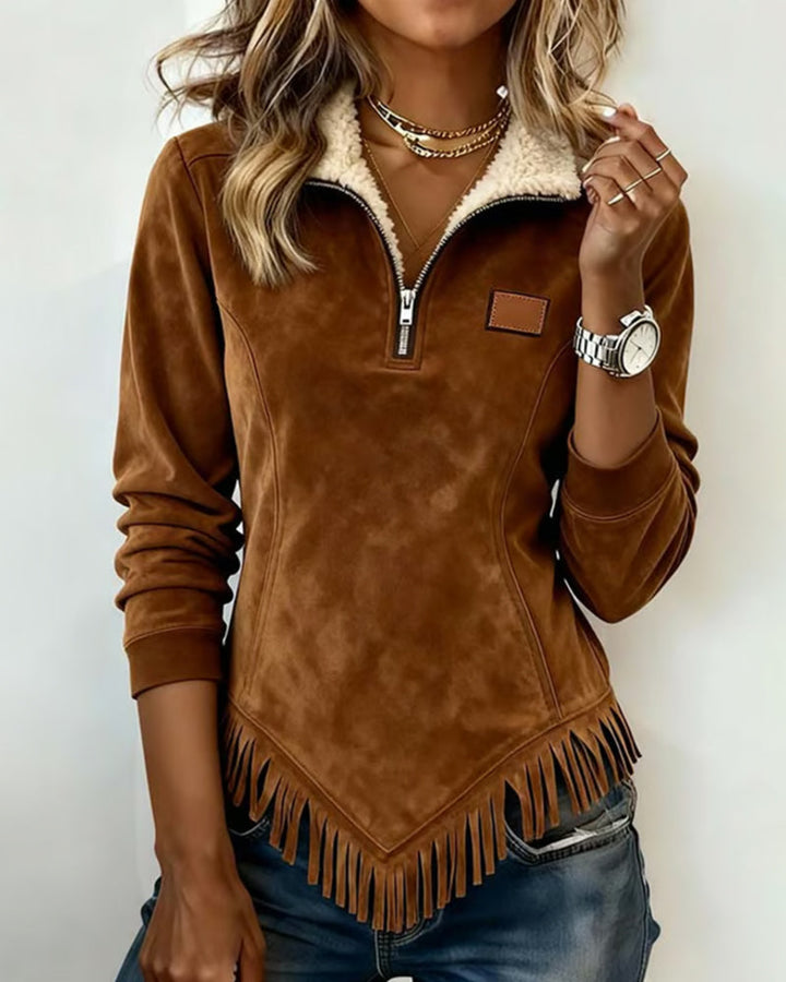 Halb-Zip Kragen Sweatshirt met asymmetrisch ontwerp en franjesaccenten