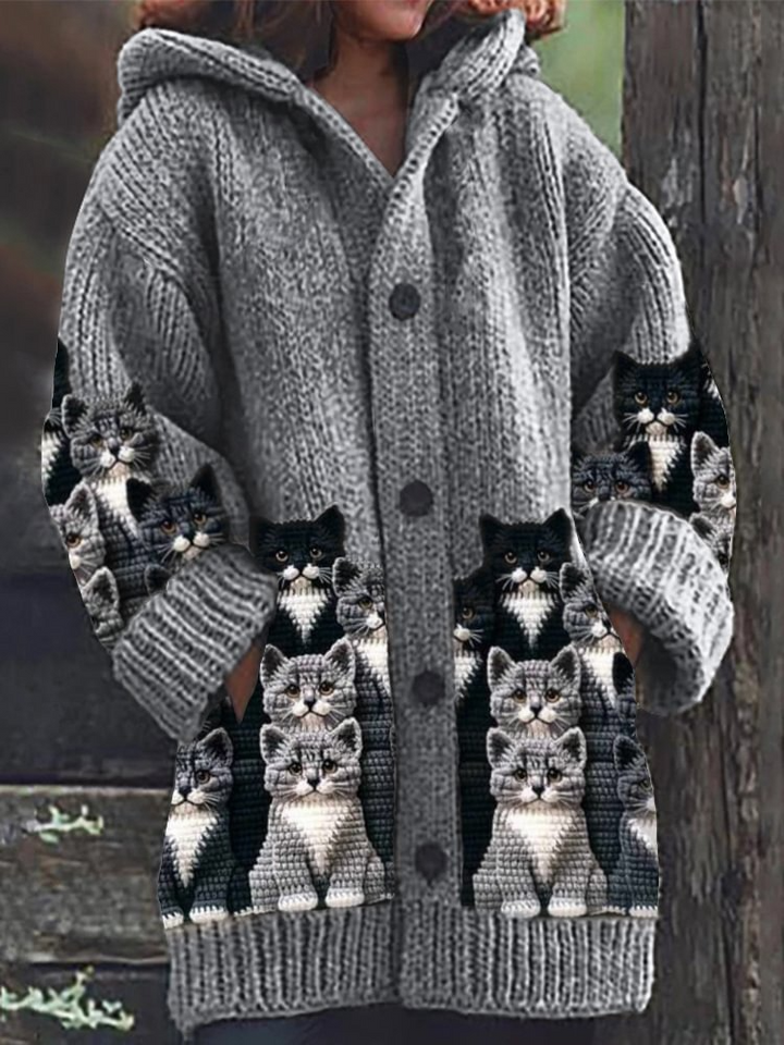 Jasmin - Gezellige Gebreide Kattenprint Cardigan