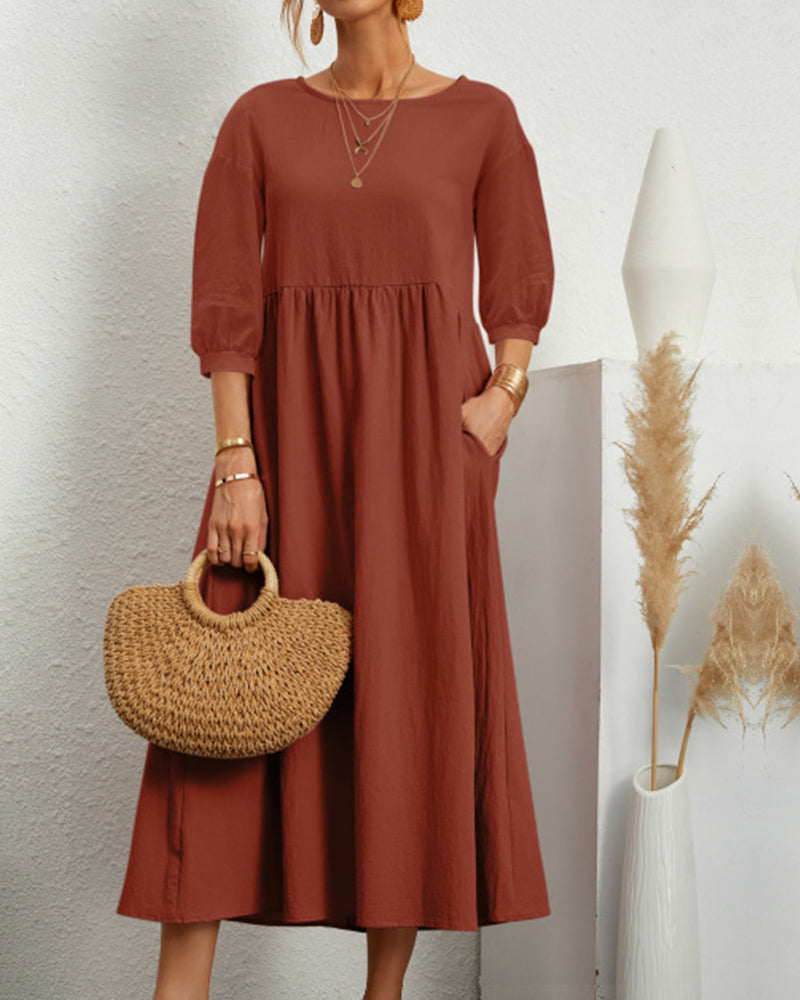 Dames Midi Jurk met Halflange Mouwen en Zakken