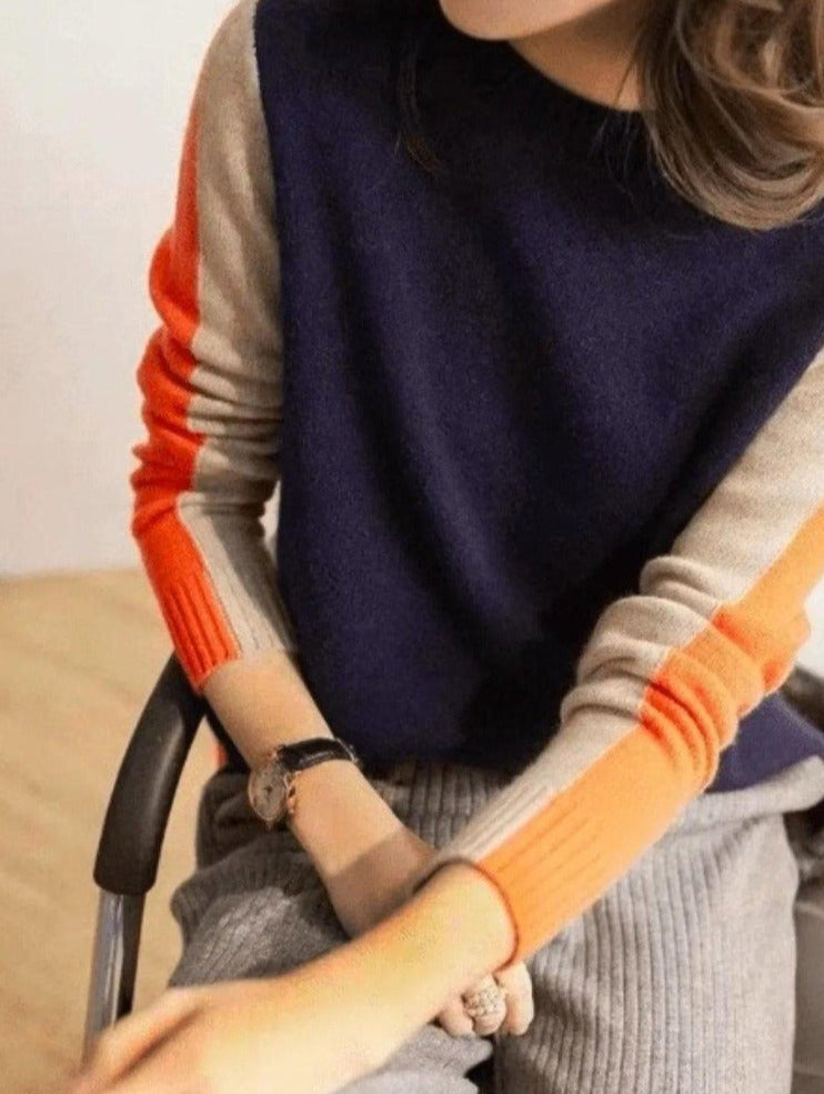 Dames Color Block Gebreide Trui met Contrast Mouwen