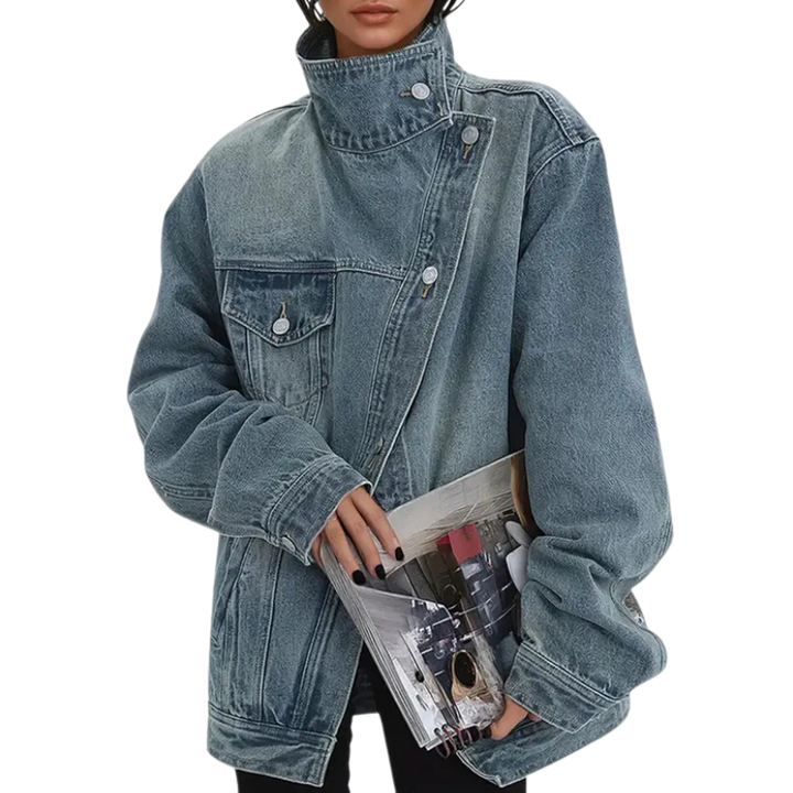 SKYE - Retro-geïnspireerde asymmetrische jas met hoge kraag en vintage-wassing