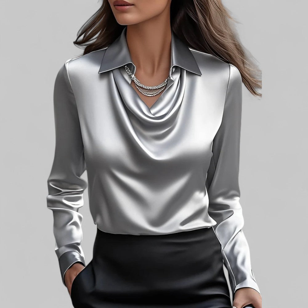 Kendra | Dames Satijnen Blouse met Watervalhals en Lange Mouwen