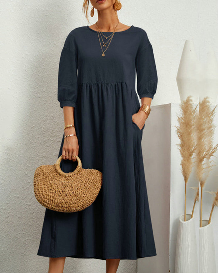 Dames Midi Jurk met Halflange Mouwen en Zakken
