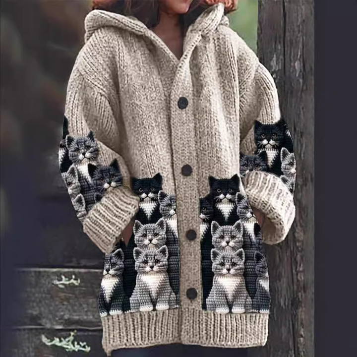 Jasmin - Gezellige Gebreide Kattenprint Cardigan