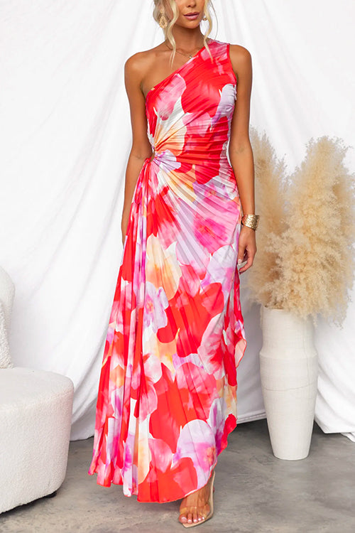 Plissé One-Shoulder Jurk met Bloemenpatroon – Elegant & Vrouwelijk