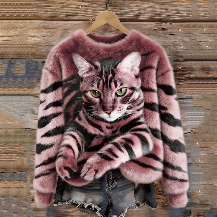 Gezellig Pluche Sweatshirt met een Tijger- en Tabby-Kitten-Design