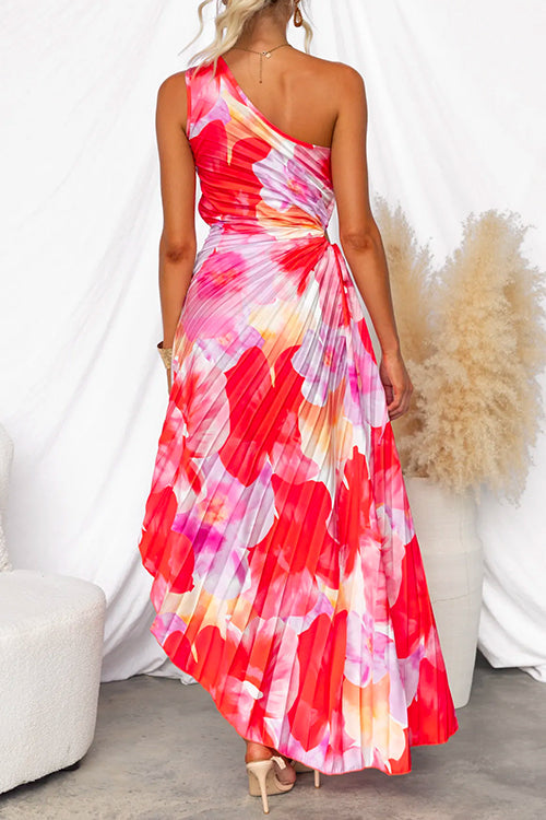 Plissé One-Shoulder Jurk met Bloemenpatroon – Elegant & Vrouwelijk