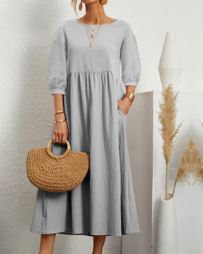 Dames Midi Jurk met Halflange Mouwen en Zakken