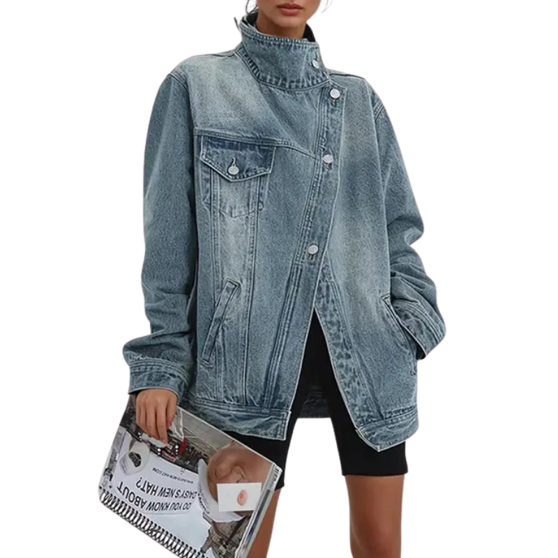 SKYE - Retro-geïnspireerde asymmetrische jas met hoge kraag en vintage-wassing