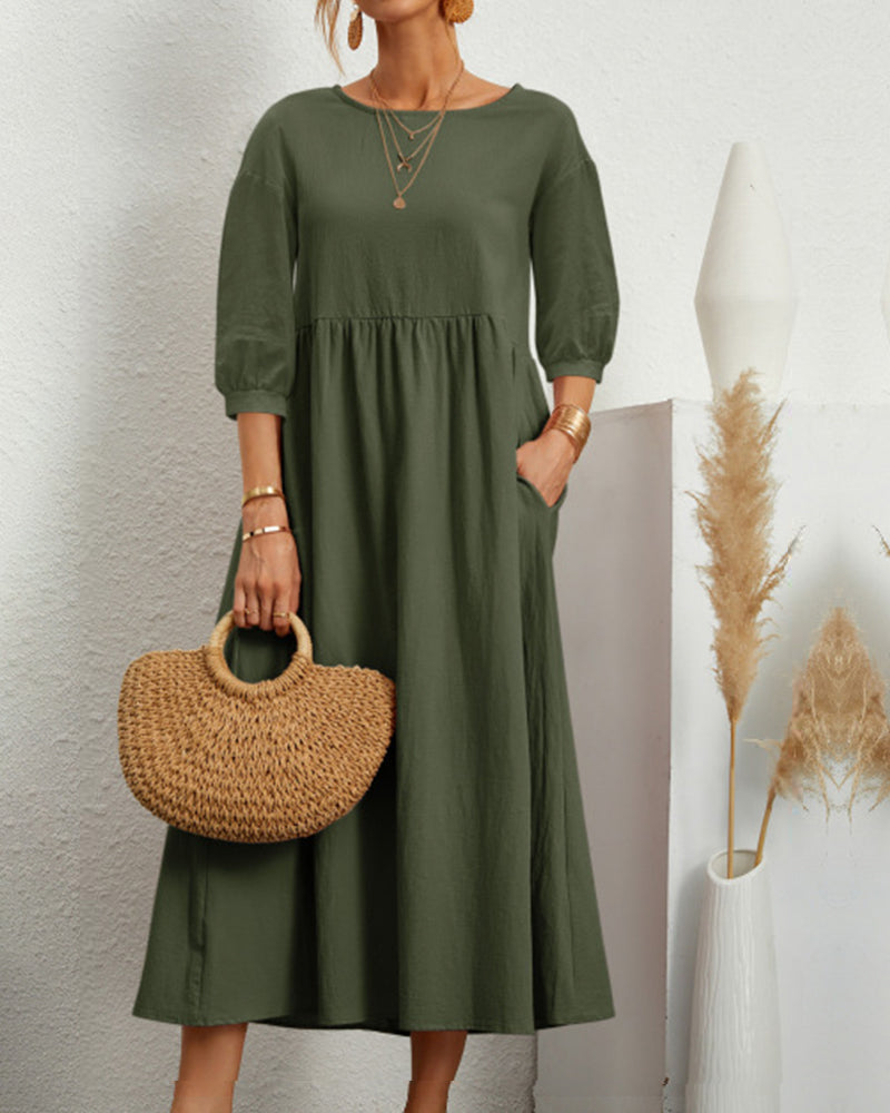 Dames Midi Jurk met Halflange Mouwen en Zakken