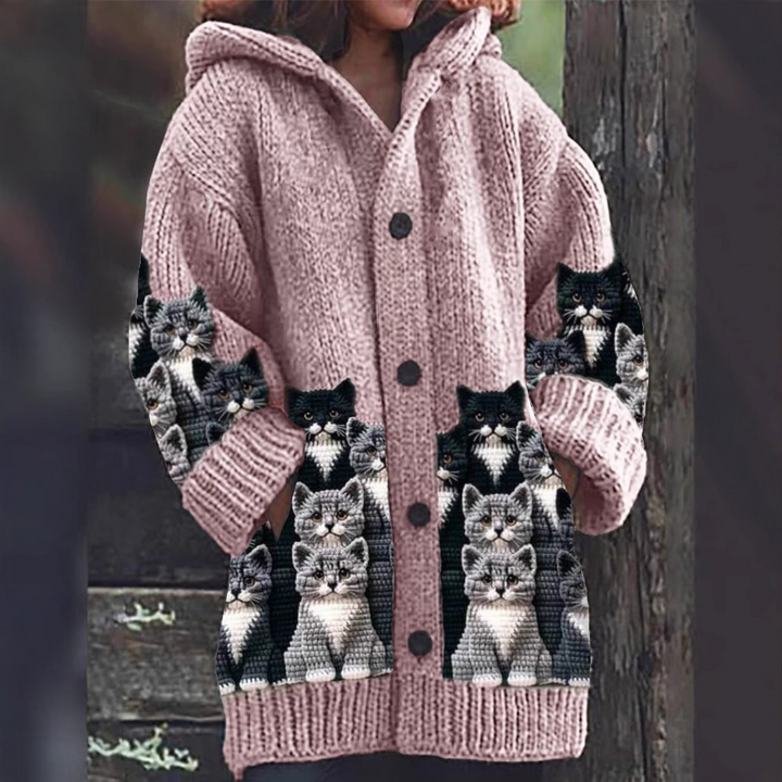 Jasmin - Gezellige Gebreide Kattenprint Cardigan