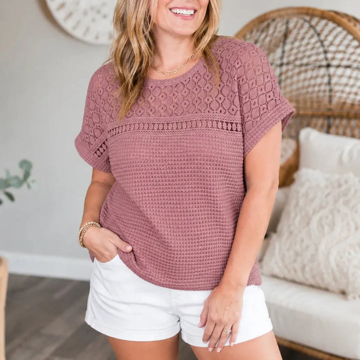 Wearbella – Open Gebreide Korte Mouwen Top, Wafeltextuur Lente Zomer Blouse voor Vrouwen