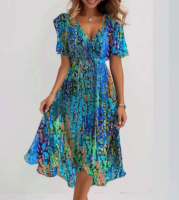 Gedrukte Blauw V-hals Midi Jurk voor Dames