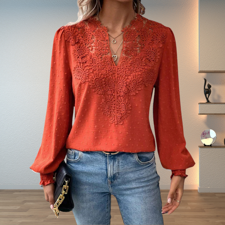 Lillian | Dames V-Hals Lange Mouw Bloemen Detail Blouse Top