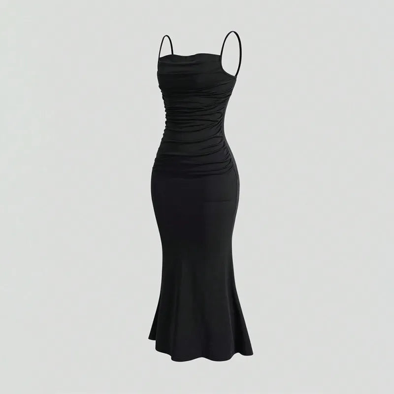 Armonie | Dames midi-jurk met spaghettibandjes en plooien
