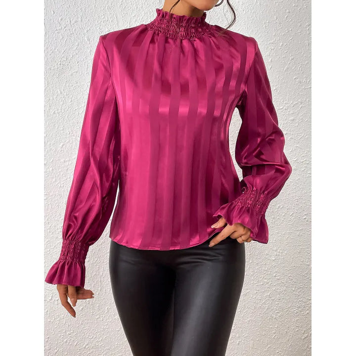 Cisca | Damesblouse met opstaande kraag en volantmanchetten