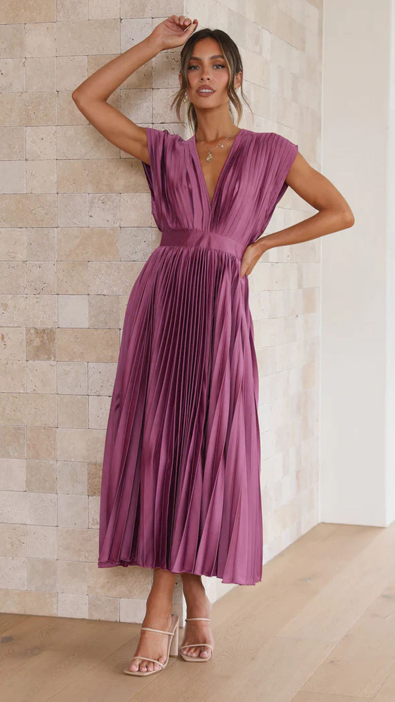 Demia | Elegante Dames Midi-jurk met Plissérok – V-hals