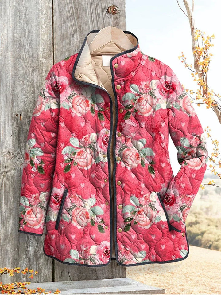 Dames Charmante Roze Bloemen Kunst Gedrukte Casual Gewatteerde Jas