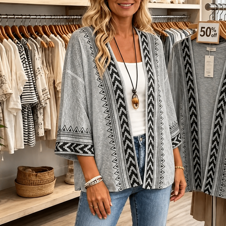 Wearbella – Retro Geometrische Print Open-Front Cardigan