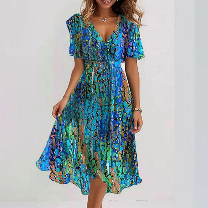 Gedrukte Blauw V-hals Midi Jurk voor Dames