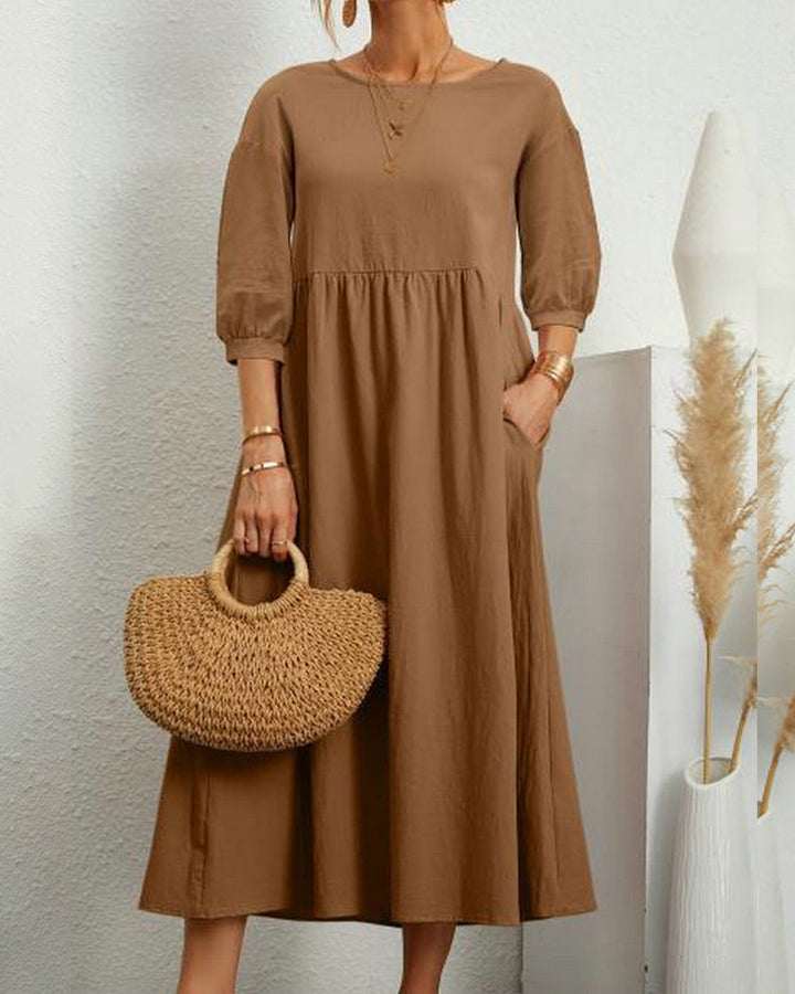 Dames Midi Jurk met Halflange Mouwen en Zakken