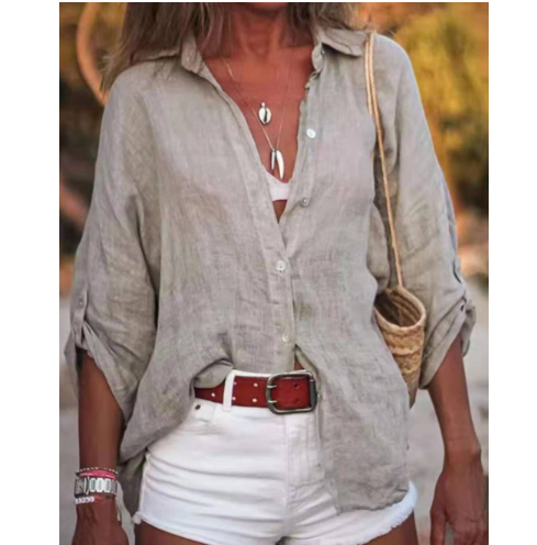 Dames Linnen Blouse met Lange Mouwen en Knoopsluiting