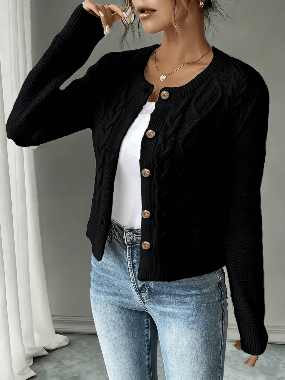Eleanora | Kabelgebreide Knopen-Voorkant Cardigan