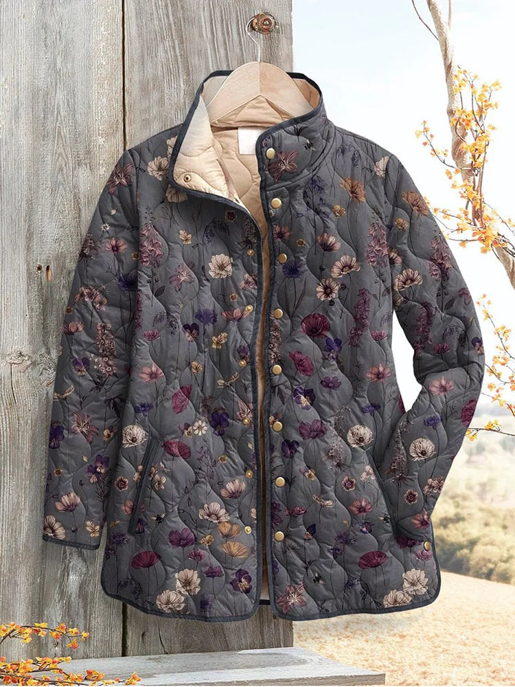Dames Retro Bloemenprint Casual Gewatteerde Jas