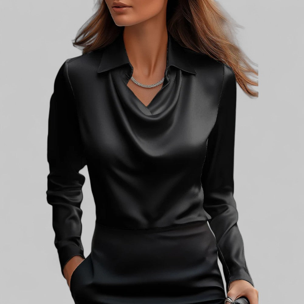 Kendra | Dames Satijnen Blouse met Watervalhals en Lange Mouwen