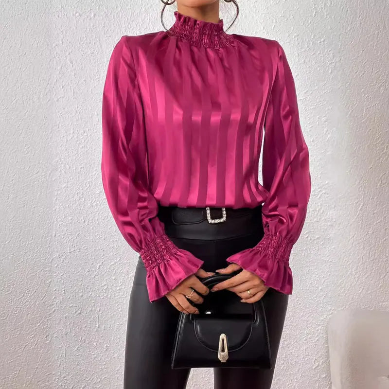 Cisca | Damesblouse met opstaande kraag en volantmanchetten