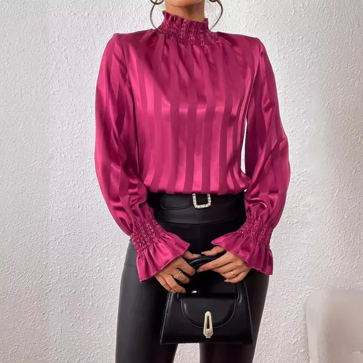 Cisca | Damesblouse met opstaande kraag en volantmanchetten
