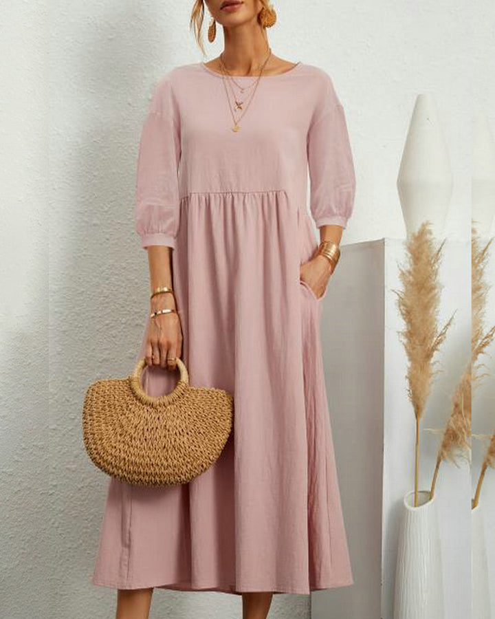Dames Midi Jurk met Halflange Mouwen en Zakken