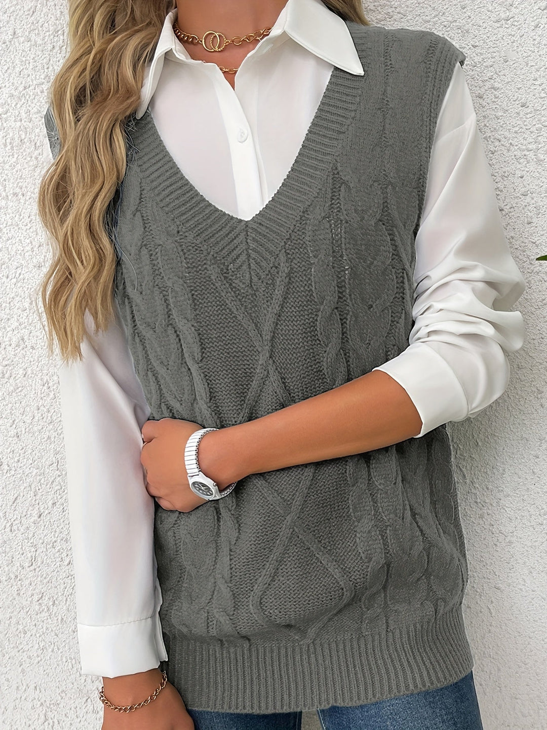 Cora | Gezellige Kabelgebreide V-Hals Sweater Vest