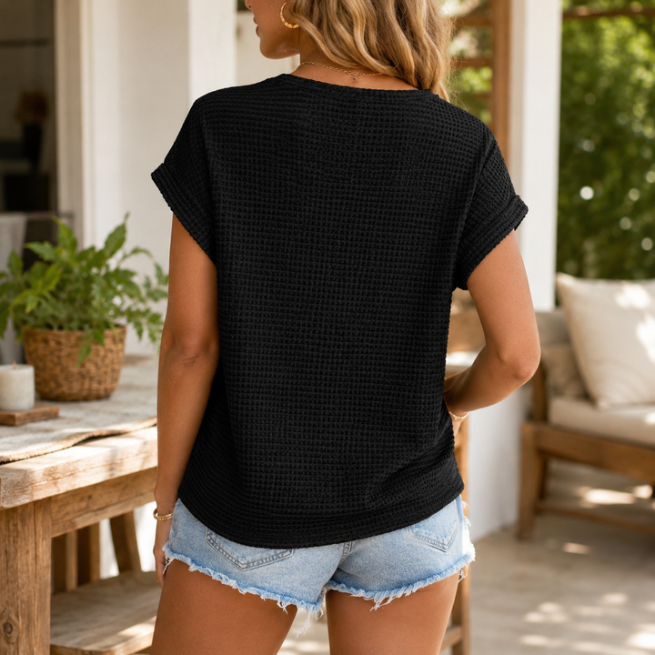 Wearbella – Open Gebreide Korte Mouwen Top, Wafeltextuur Lente Zomer Blouse voor Vrouwen