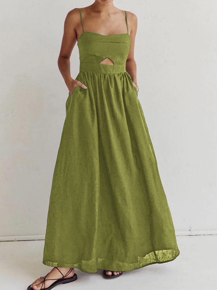Benedikta | Mouwloze Maxijurk van Linnen met Cut-Out Detail en Spaghettibandjes
