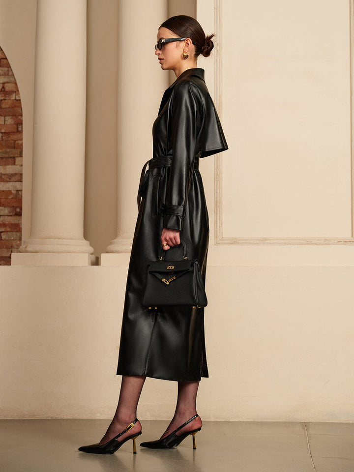 Rianne | Zwarte Lange Trenchcoat van Imitatieleer Dames