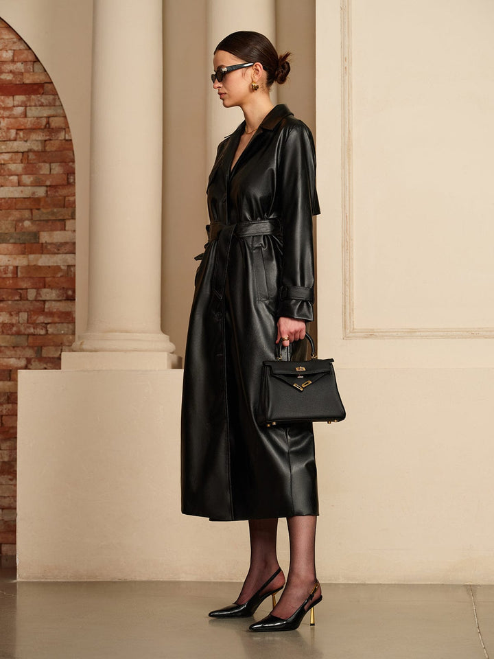 Rianne | Zwarte Lange Trenchcoat van Imitatieleer Dames