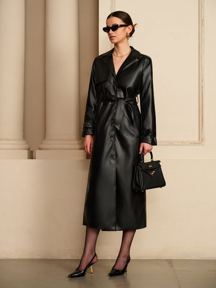 Rianne | Zwarte Lange Trenchcoat van Imitatieleer Dames