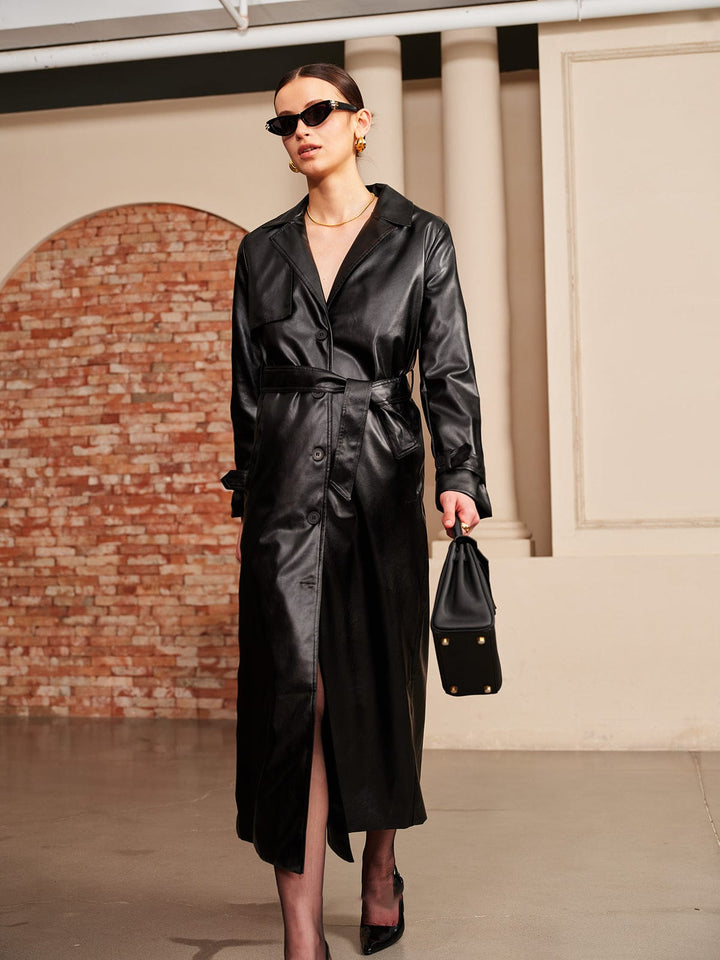Rianne | Zwarte Lange Trenchcoat van Imitatieleer Dames