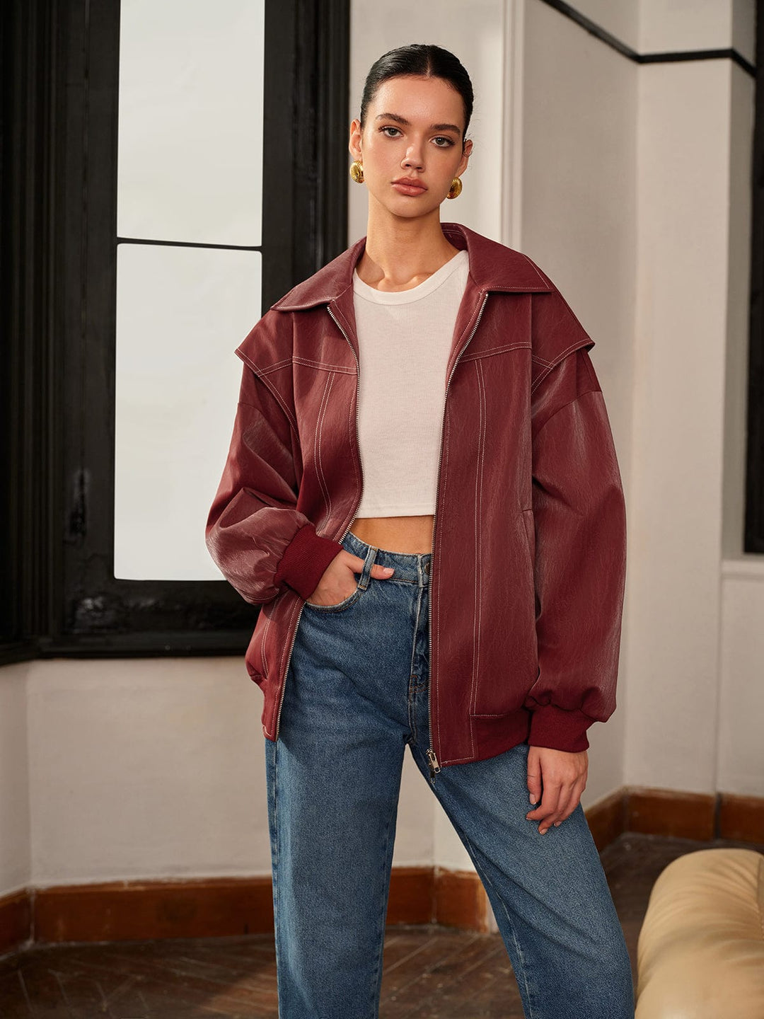 Amelie | Bordeauxrode Jas met Sportieve Accent