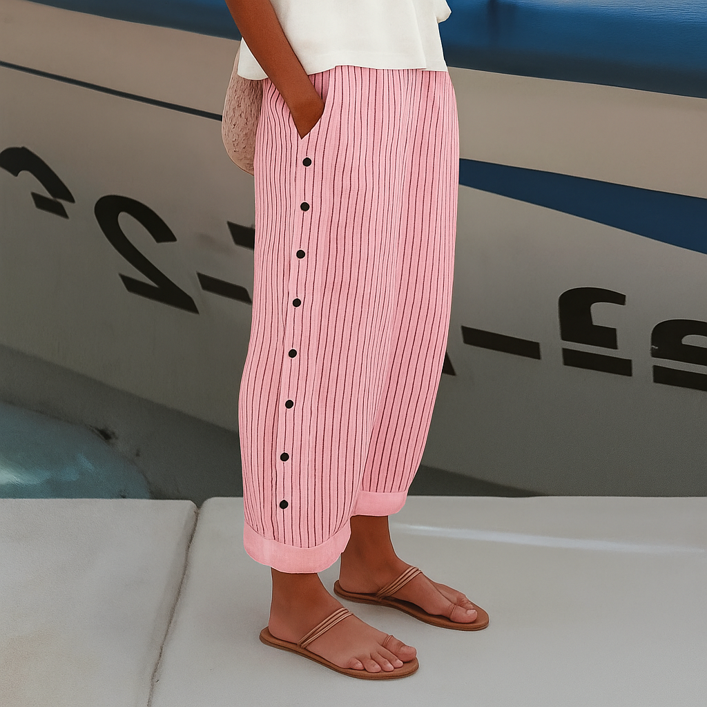 Athena | Dames Gestreepte Knoopdetail Casual Broek