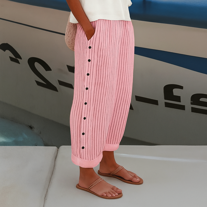 Athena | Dames Gestreepte Knoopdetail Casual Broek