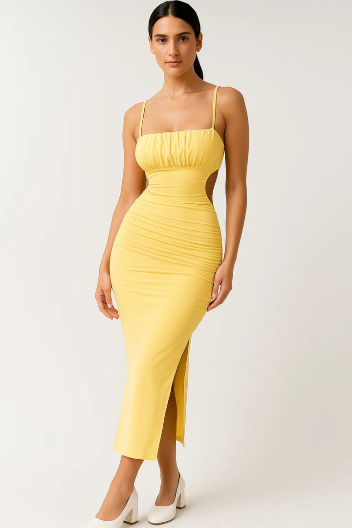 Gele Bodycon Midi Jurk met Bandjes