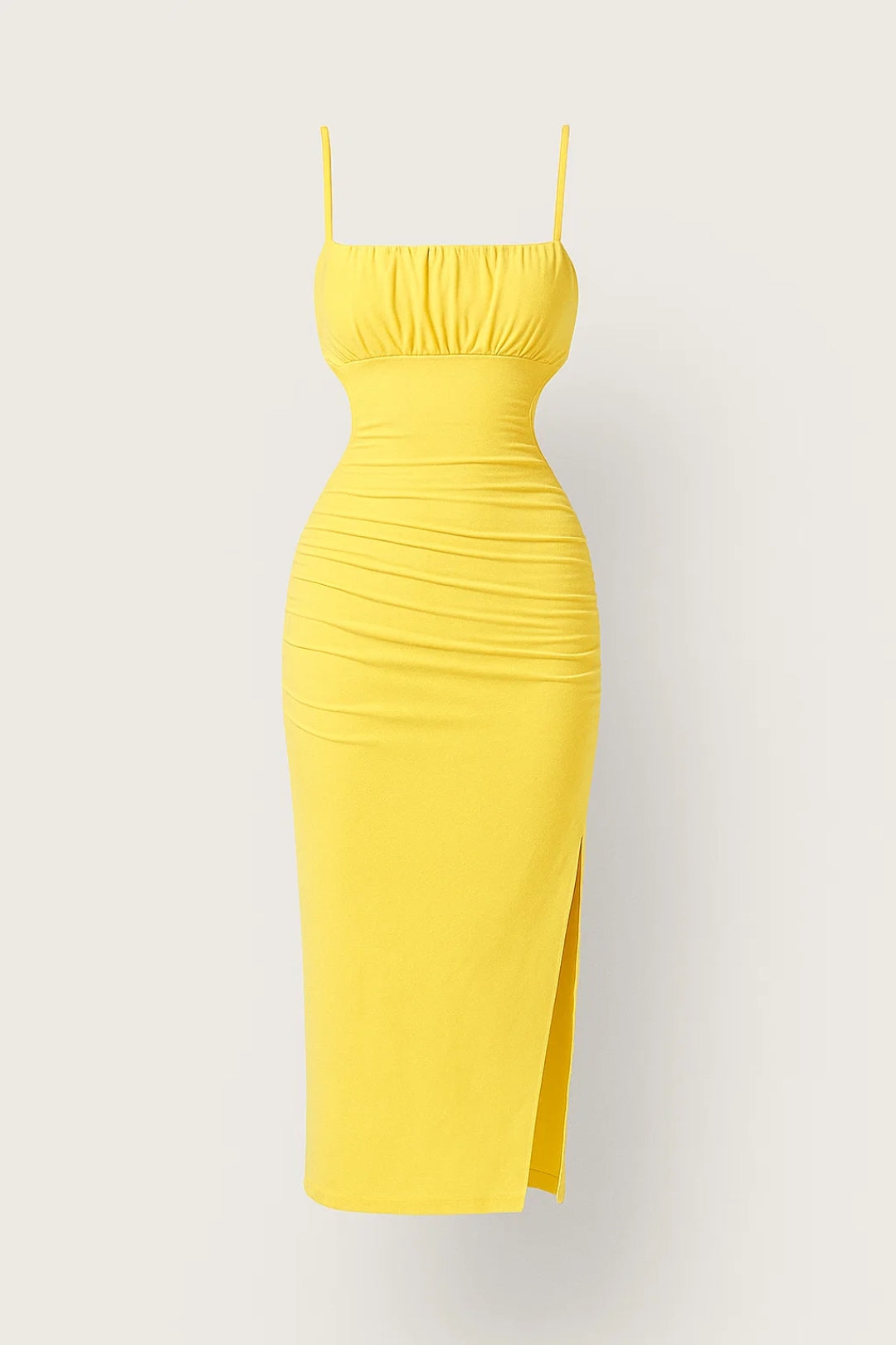 Gele Bodycon Midi Jurk met Bandjes