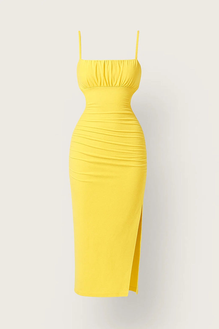 Gele Bodycon Midi Jurk met Bandjes