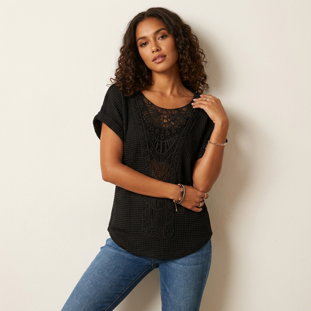 Elegante kanten top met ronde hals en korte mouw – Isabella