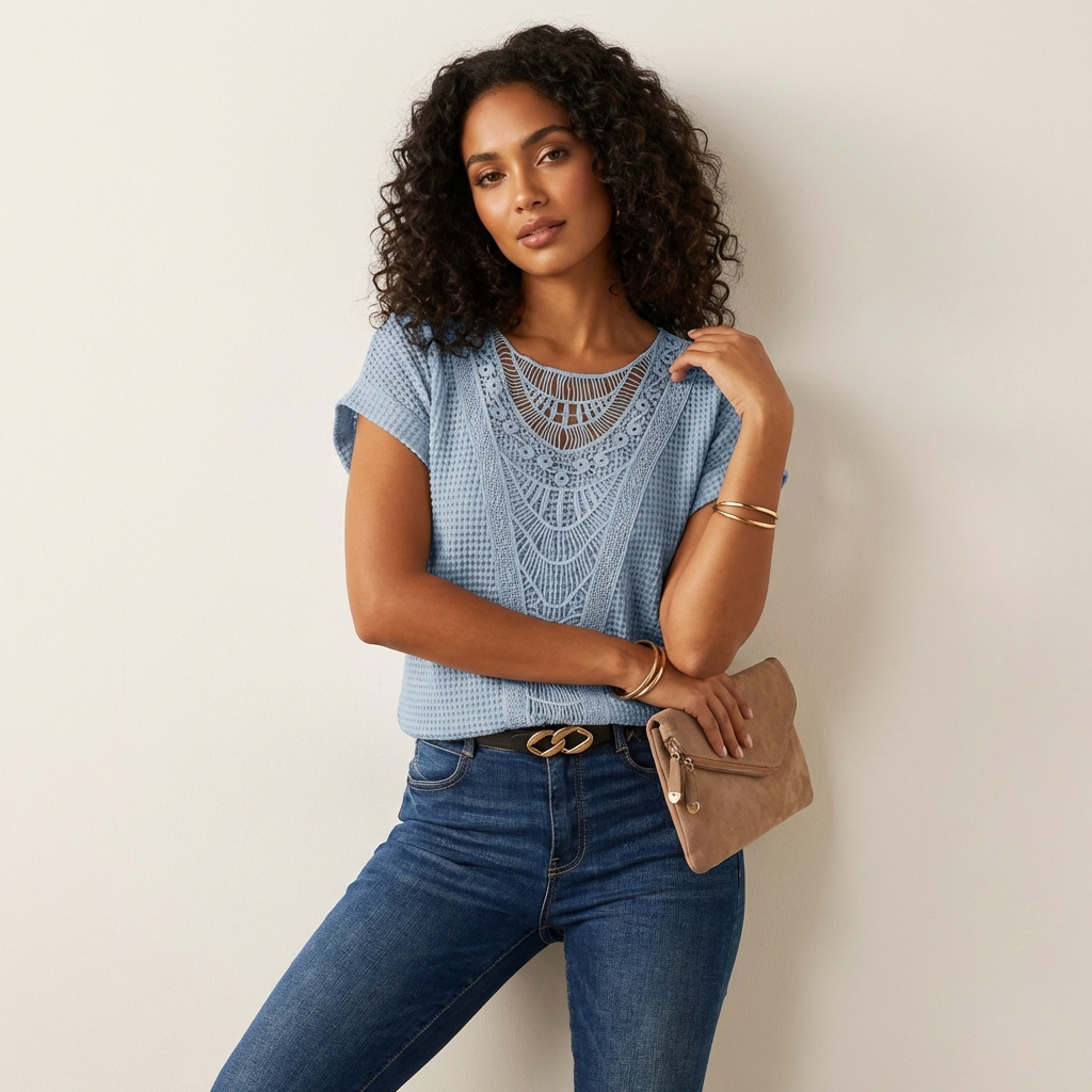 Elegante kanten top met ronde hals en korte mouw – Isabella